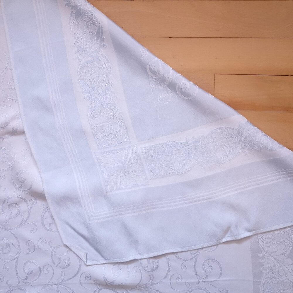 VTG Linen Damask Lt Blue Reversable Tablecloth w/ Floral & Scroll Design 62"x50"